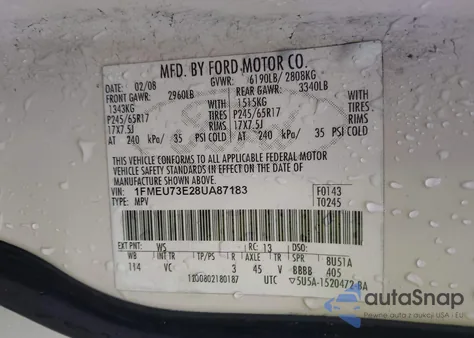 2008 Ford Explorer Xlt из США, поврежденный, VIN 1FMEU73E28UA87183